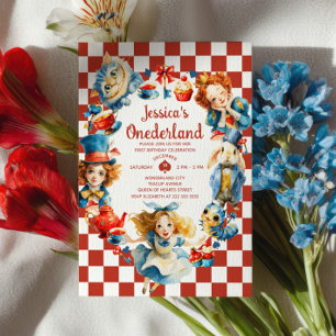 Cute Alice in ONEDERLAND 1st Birthday Tea Party Invitation