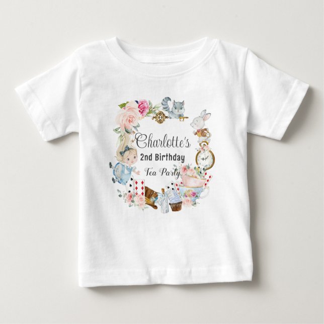 Cute Alice in Wonderland Birthday Tea Party Baby T-Shirt (Front)