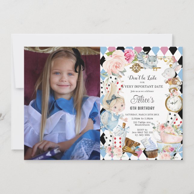 Cute Alice in Wonderland Birthday Tea Party Photo Invitation (Front)