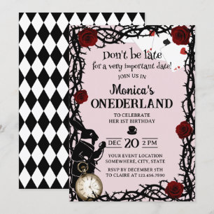 Cute Alice in Wonderland Girl 1st Birthday Pink Invitation