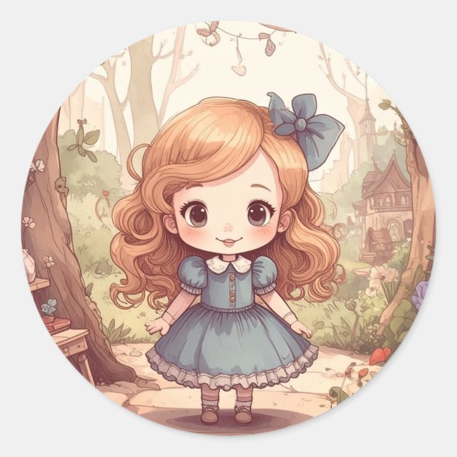Cute Alice in Wonderland Whimsical Woodland Art Classic Round Sticker (Front)