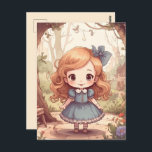 Cute Alice in Wonderland Whimsical Woodland Art Postcard<br><div class="desc">Step into a delightful and imaginative Wonderland with this adorable illustration of Alice! This charming design features a unique cute, stylized Alice character with her iconic blue dress, large bow, and captivating eyes, standing amidst an enchanting woodland scene. Whimsical trees, vibrant flowers, and fluttering butterflies create a magical backdrop, hinting...</div>