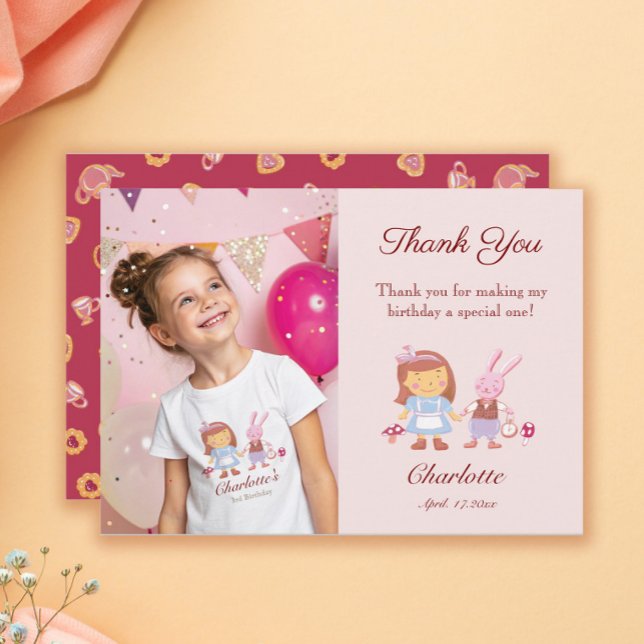 Cute Alice Rabbit Kids Pink Birthday Photo Thank You Card (Creator Uploaded)