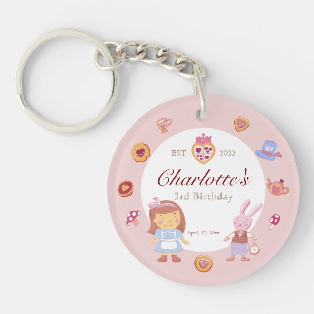 Cute Alice' Tea Party Pink Birthday Photo Key Ring (Front)
