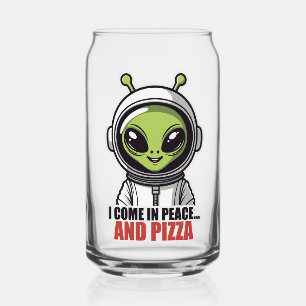 Cute Alien Astronaut "I Come in Peace and Pizza" Can Glass