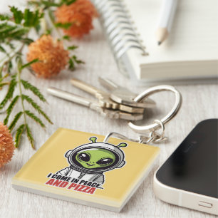 Cute Alien Astronaut "I Come in Peace and Pizza"  Key Ring