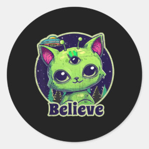 Cute Alien Cat Belive In Ufo Kawaii  Classic Round Sticker