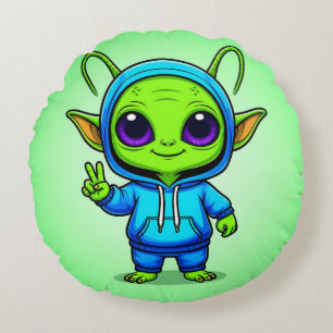 Cute Alien Character Posing in Colourful Outfit Round Cushion