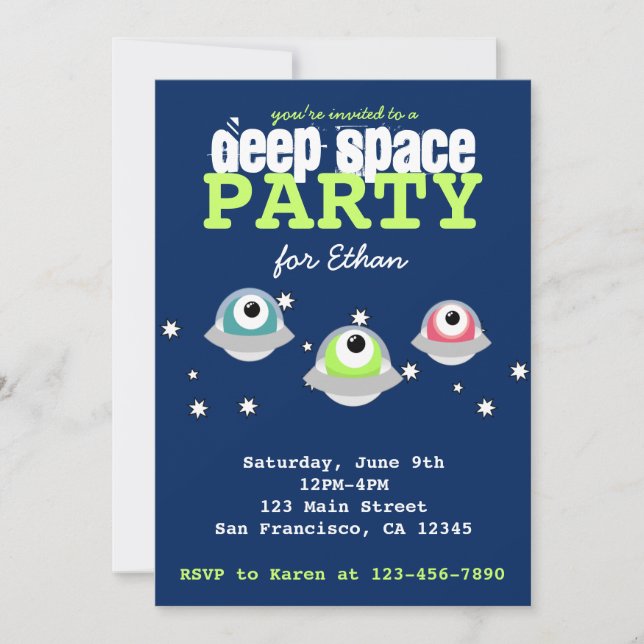 Cute alien deep outer space birthday party invitation (Front)