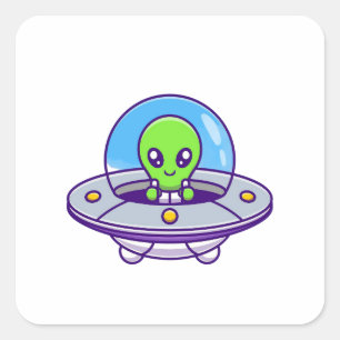 Cute Alien Flying in UFO Square Sticker