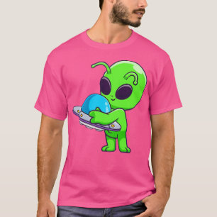 Cute Alien Hugging A Ufo Cartoon. T-Shirt