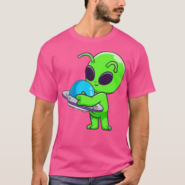 Cute Alien Hugging A Ufo Cartoon. T-Shirt (Front)