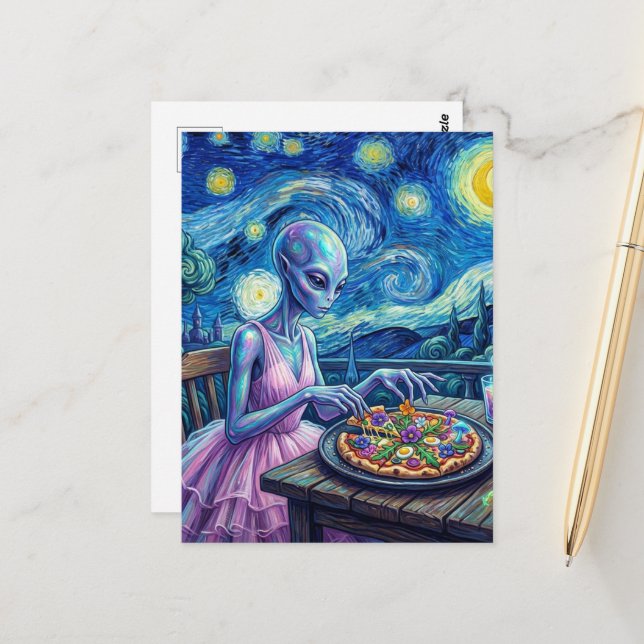 Cute Alien in Pink Dress Eats Pizza Faux Van Gogh Postcard (Front/Back In Situ)