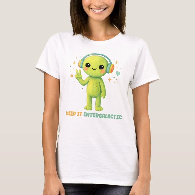 Cute Alien Keep It Intergalactic Peace Sign Music T-Shirt (Front)