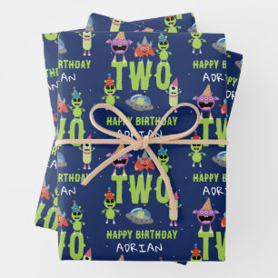 Cute Alien Monster Space Kids Birthday Name Age  Wrapping Paper Sheet
