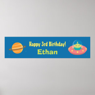 Cute Alien Outer Space Birthday Party Banner Poster