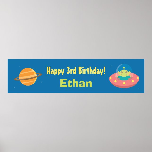 Cute Alien Outer Space Birthday Party Banner Poster (Front)
