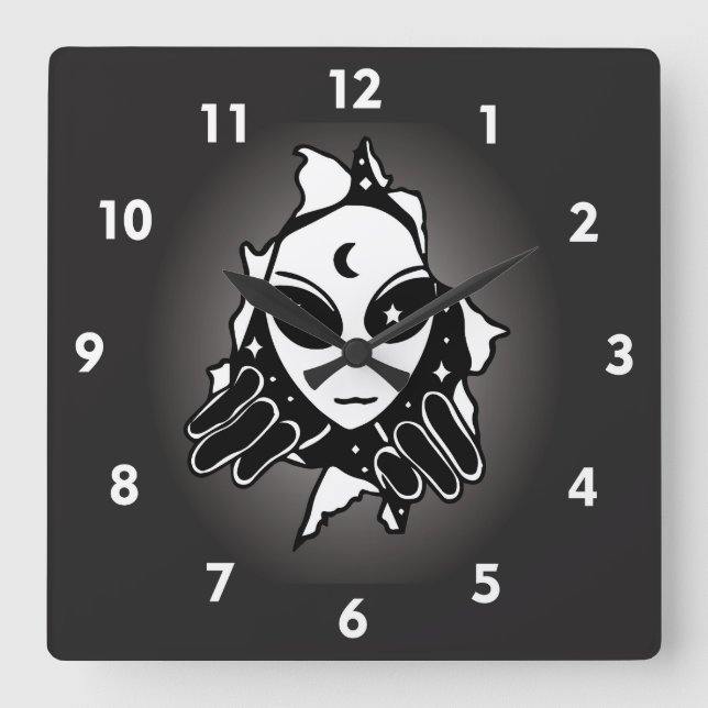 Cute Alien Peeking Through a Hole in the Wall Square Wall Clock (Front)