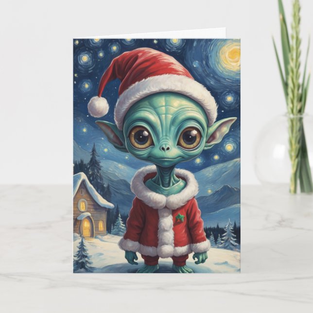 Cute Alien Retro Starry Night Personalised Card (Front)