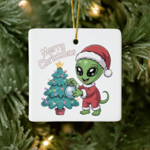 Cute Alien Santa Claus Funny Christmas Holiday Ceramic Ornament