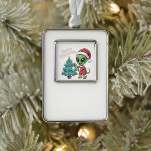 Cute Alien Santa Claus Funny Christmas Holiday Silver Plated Framed Ornament