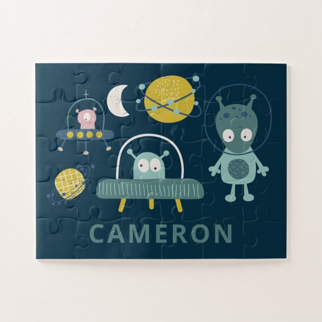 Cute Alien Space Planets Funny Blue Personalised Jigsaw Puzzle (Horizontal)