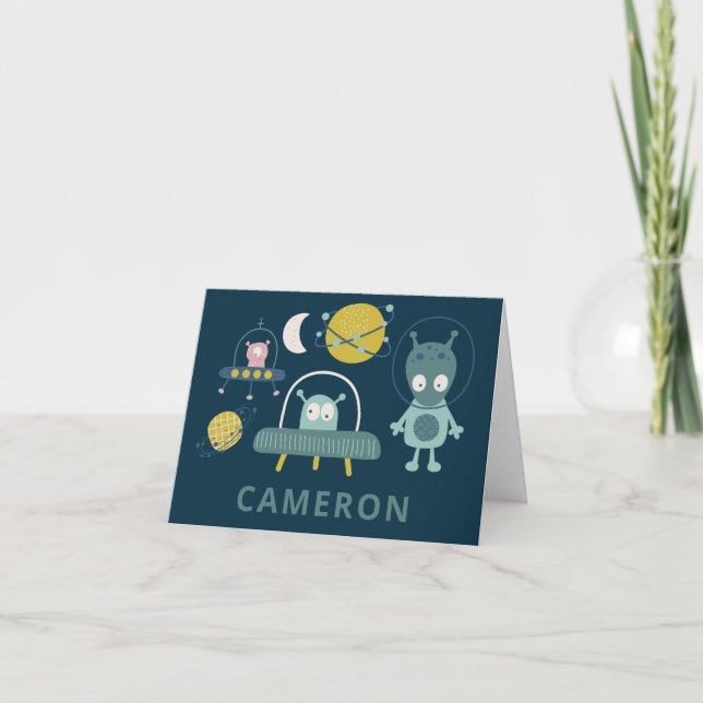 Cute Alien Space Planets Funny Blue Personalised Note Card (Front)