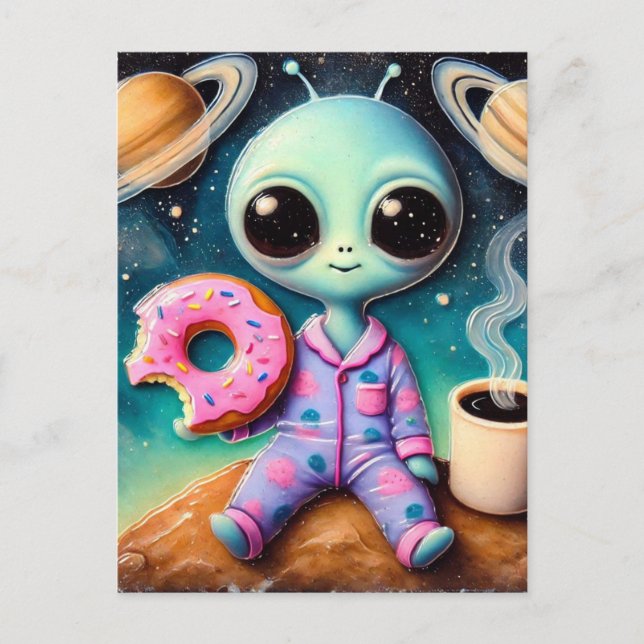 Cute Alien With Coffee and Doughnut in Space Postcard (Front)