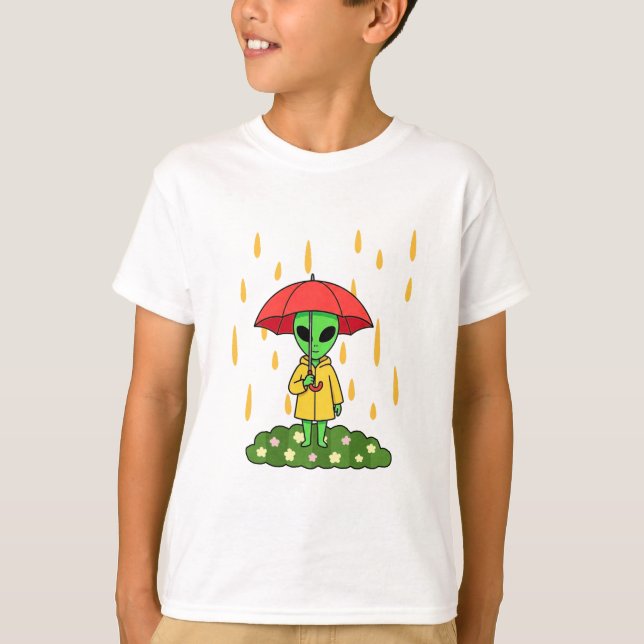 Cute Alien With Umbrella in Rain Kawaii Character T-Shirt (Front)
