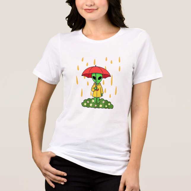 Cute Alien With Umbrella in Rain Kawaii Space Char Tri-Blend Shirt (Front)