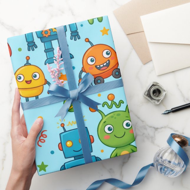Cute Aliens and Robots Space Pattern Wrapping Paper (Gifting)