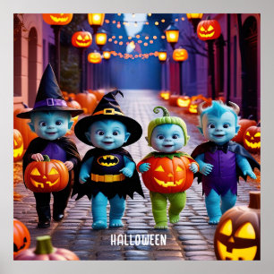 Cute Aliens Trick or Treaters Halloween Scene Poster