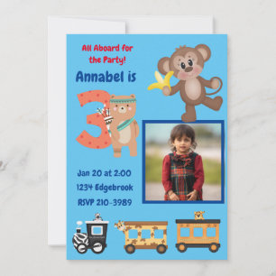 Cute All Aboard Jungle Theme  3rd Birthday Party I Invitation