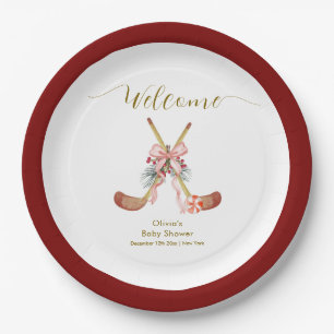 Cute All Stars Bow Hockey Girl Baby Shower Welcome Paper Plate
