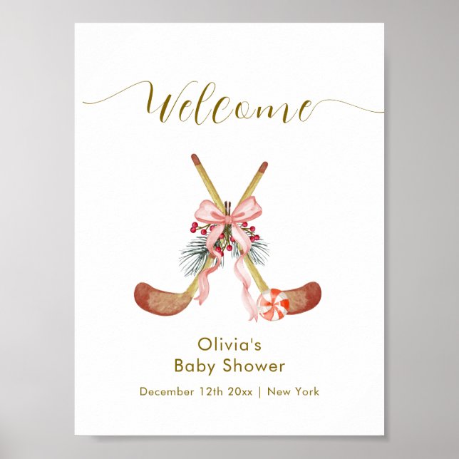 Cute All Stars Bow Hockey Girl Baby Shower Welcome Poster (Front)