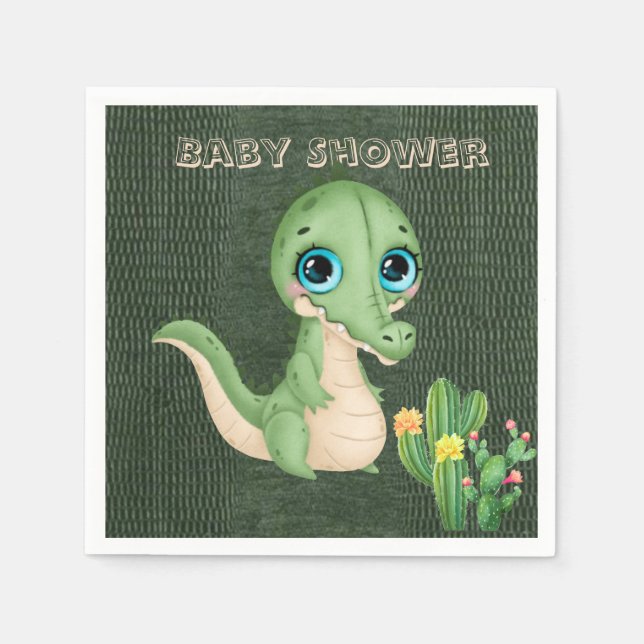 Cute Alligator and Succulents Baby Shower Napkin (Front)