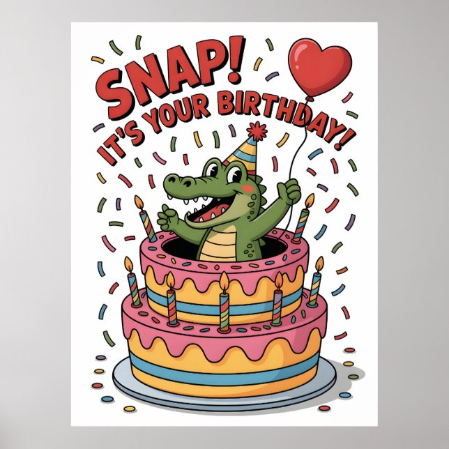 Cute Alligator Birthday Cake Party Design Poster (Front)