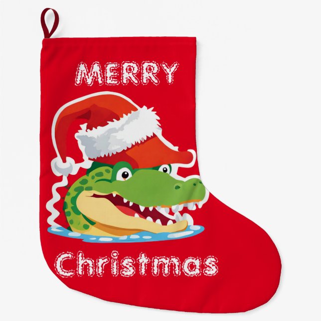 Cute alligator crocodile Christmas Safari Santa  Large Christmas Stocking (Front)