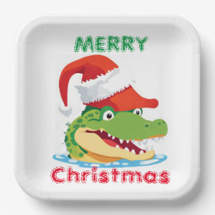 Cute alligator crocodile Christmas Safari Santa Paper Plate