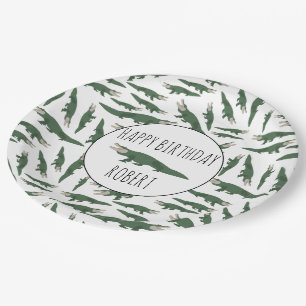 Cute Alligator Crocodile Pattern Custom Name Paper Plate