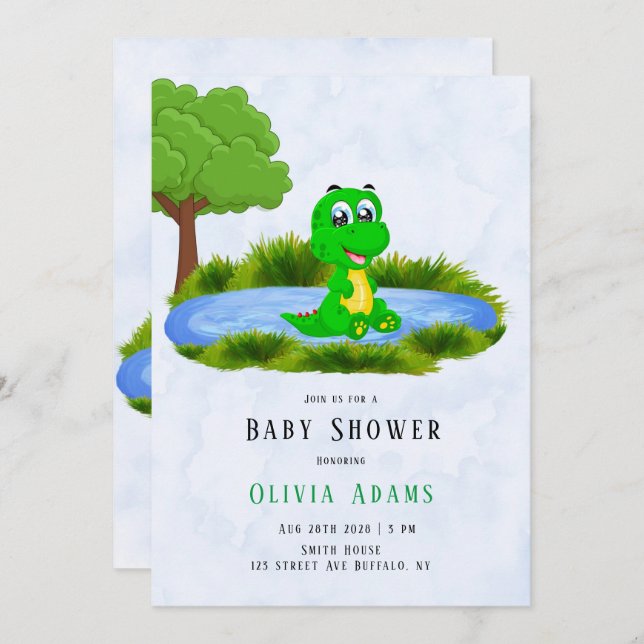  Cute Alligator in Pond Boy Baby Shower  Invitation (Front/Back)