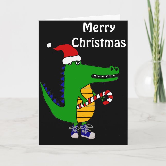 Cute Alligator in Santa Hat Christmas Cartoon Holiday Card (Front)