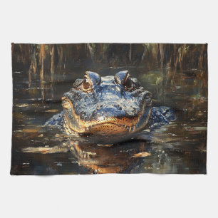 Cute Alligator in the Florida Everglades Painting Tea Towel