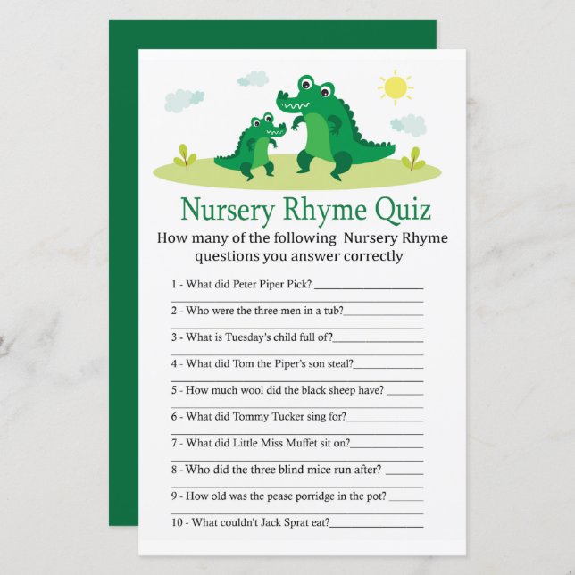 Cute Alligator Nursery Rhyme Quiz baby shower game (Front/Back)