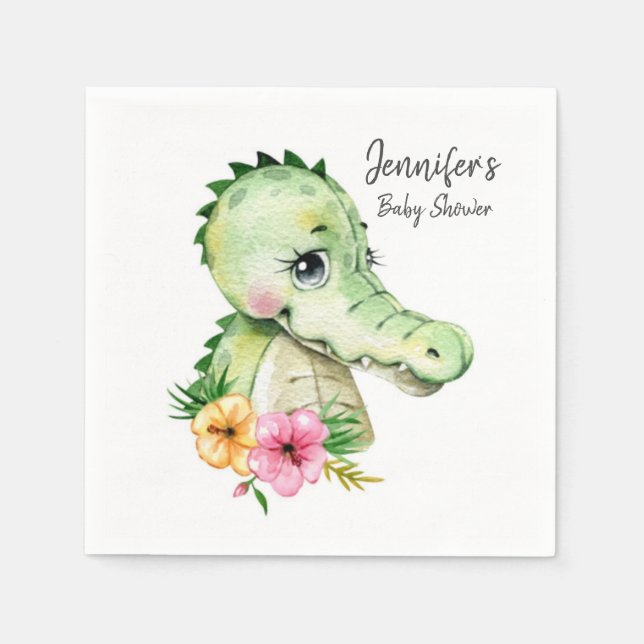 Cute Alligator Watercolor Floral Baby Shower  Napkin (Front)