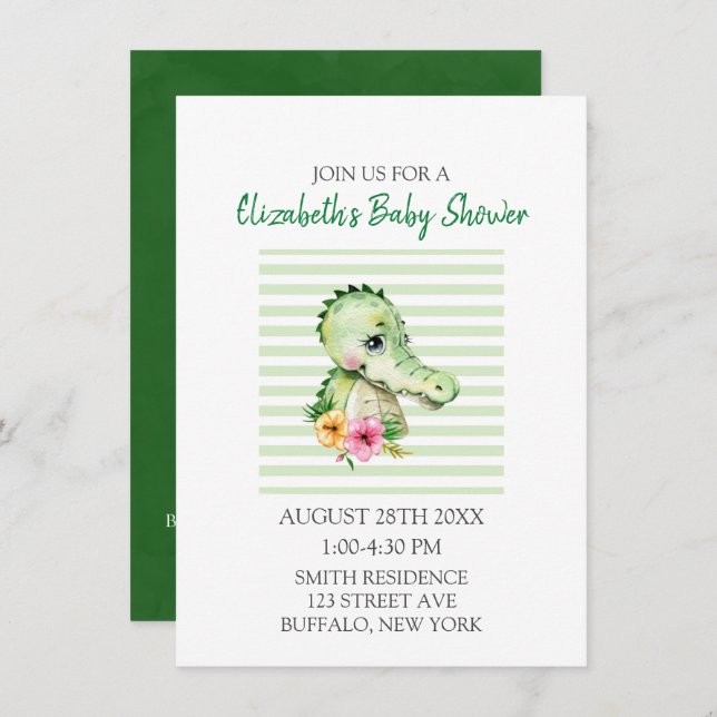 Cute Alligator Watercolor Hibiscus Baby Shower Invitation (Front/Back)