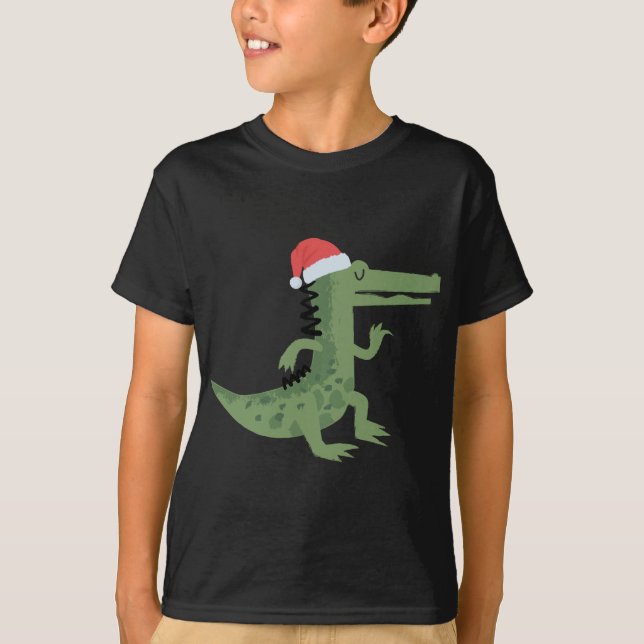 Cute Alligator With Santa Hat Funny Christmas T-Shirt (Front)