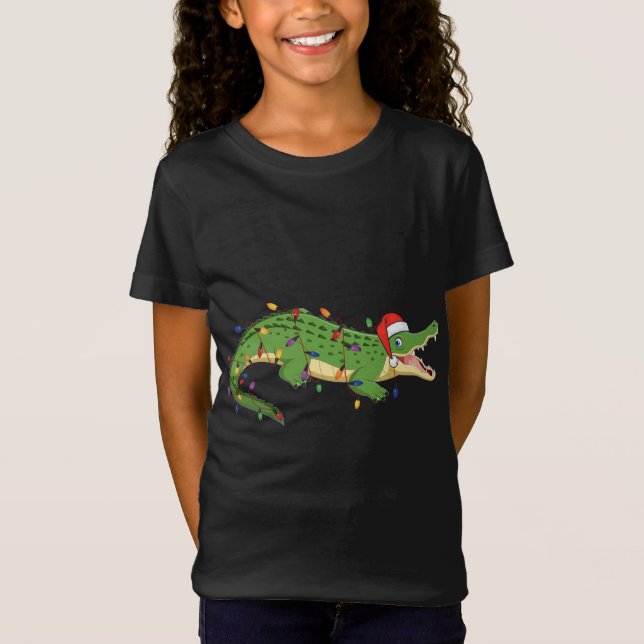 Cute Alligator With Santa's Hat Christmas Lights X T-Shirt (Front)