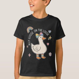 Cute Ally Goose On The Loose Rainbow Coquette Bow T-Shirt