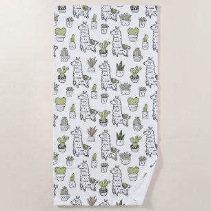 Cute Alpaca & Cactus Pattern Beach Towel